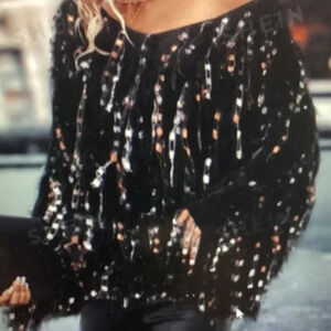 Plus Size Furry Patchwork V-Neck Long Sleeve Loose Pullover Sweater